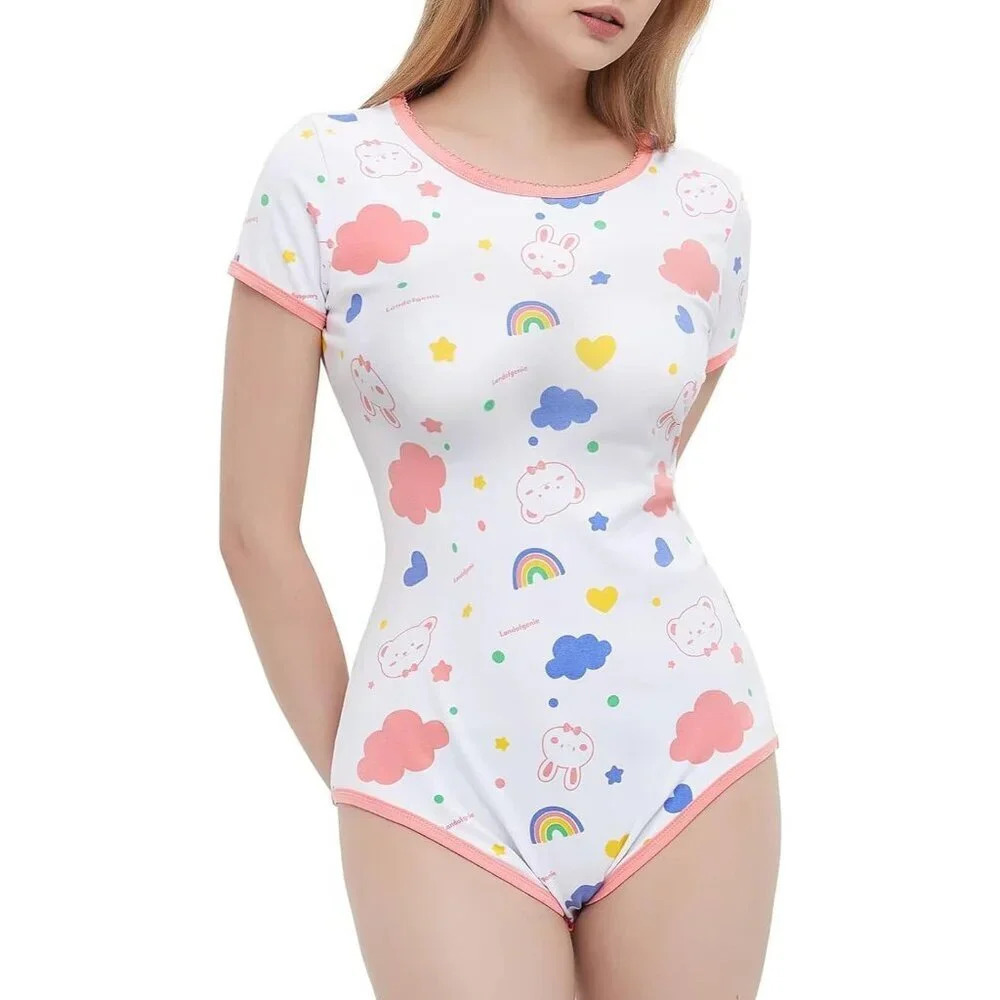 Womens Bodysuit Cotton Bodysuit Cute Print Onesie Pajamas Sleepwear Tops - Picture 3 of 7